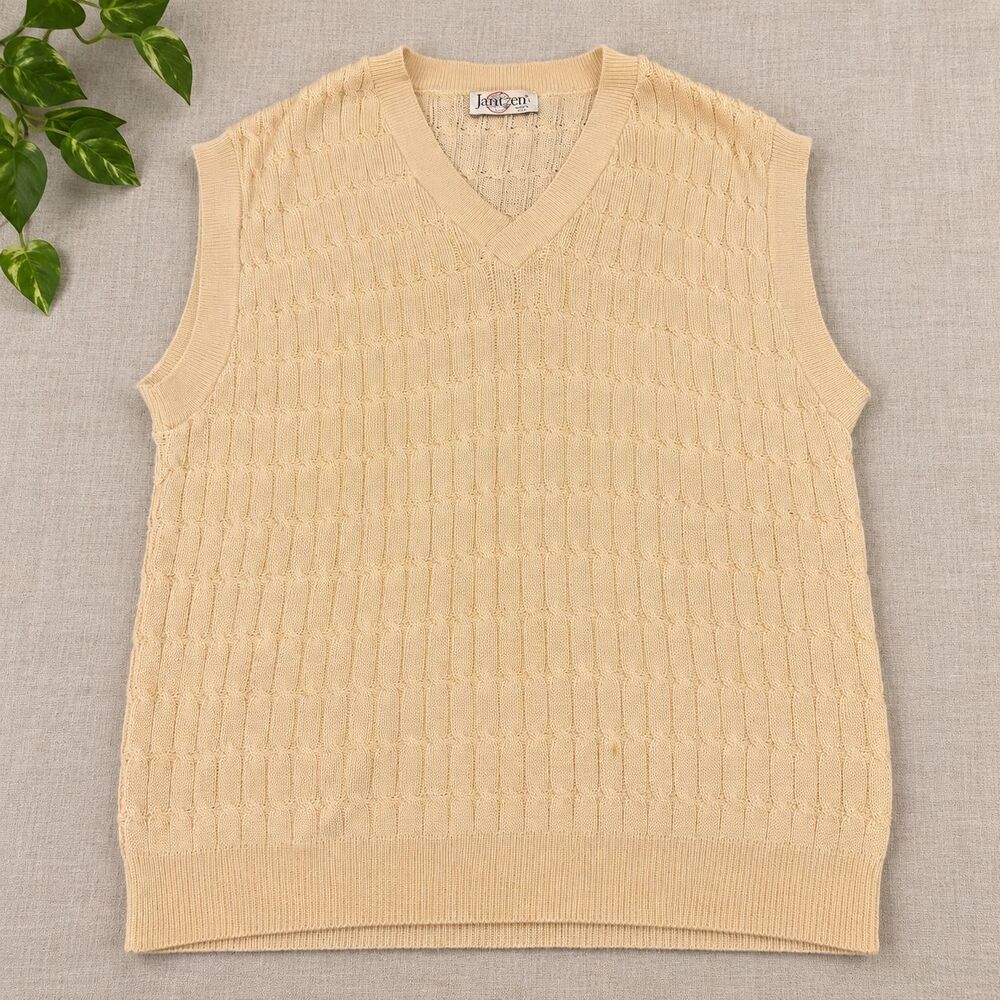Jantzen Sweater Vest Large Ivory Cream Textured Knit V Neck Made in USA
